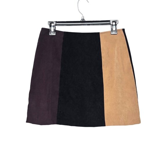 Xoxo Vintage Y2K Mini Skirt Size 9/10 Snap Buttons Suede Look Black/Brown/Tan - Picture 2 of 8